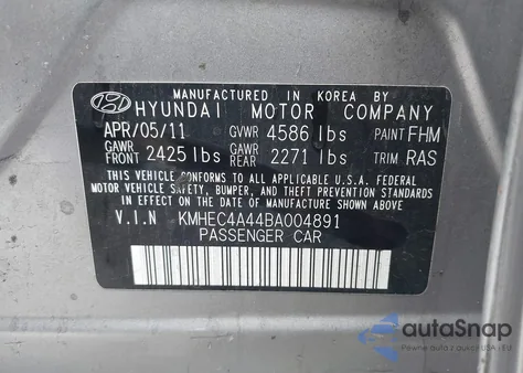 2011 Hyundai Sonata Hybrid from USA, damaged, VIN KMHEC4A44BA004891